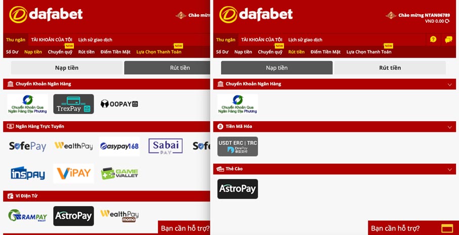 nạp tiền, rút tiền dafabet